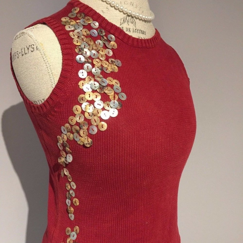 Vintage knit tank red pullover vest mother of pearl buttons Anthropologie style